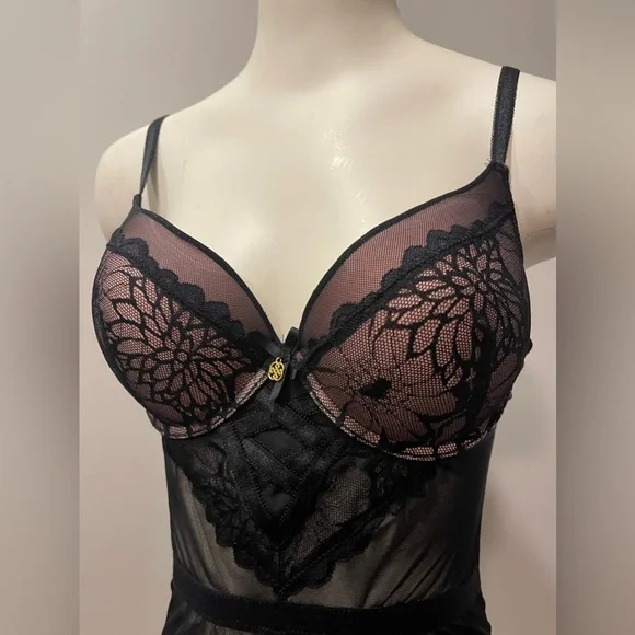 Daisy Fuentes XL lace cheeky bodysuit underwire push-up snap crotch sheer - Picture 3 of 8